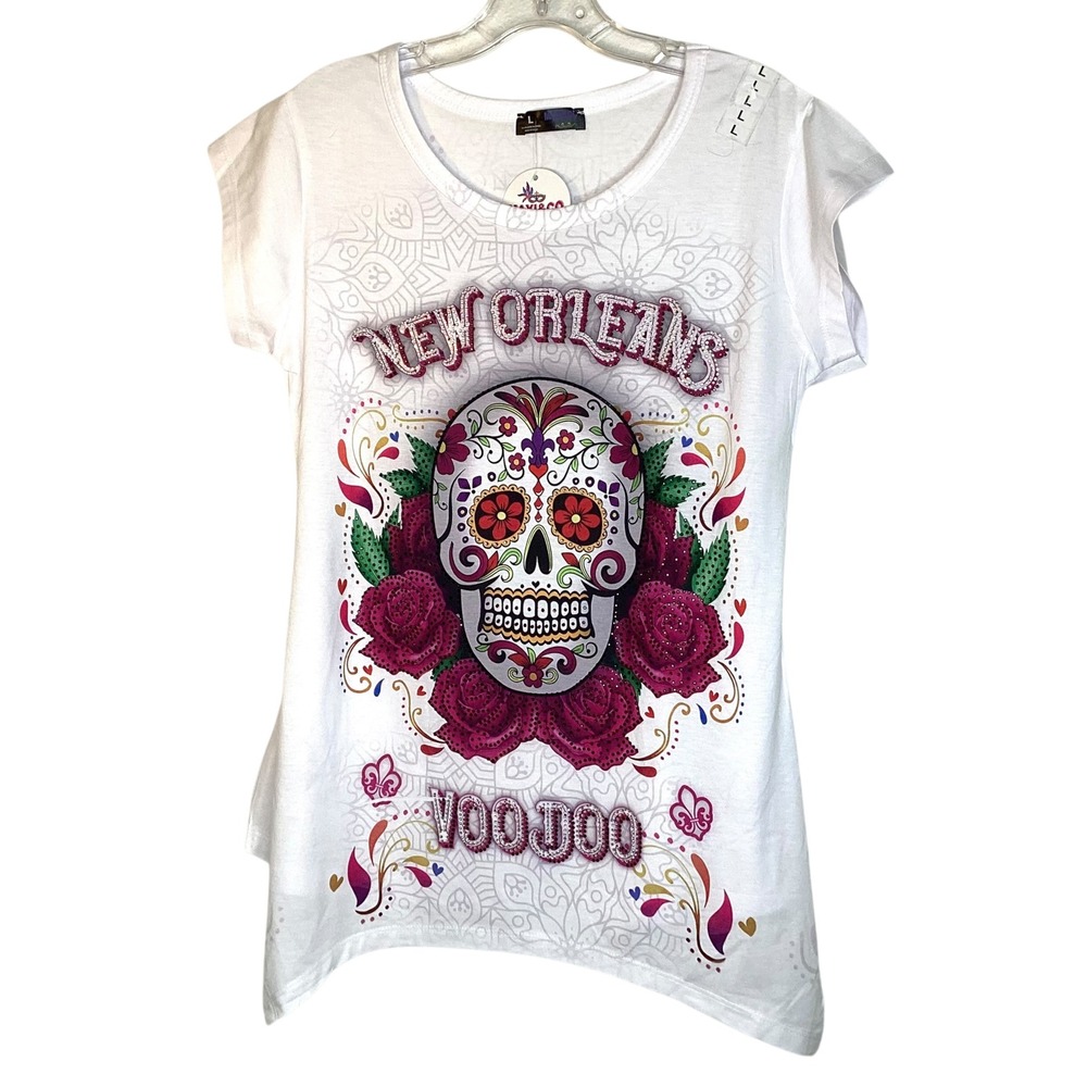 New Orleans Voodoo Sugar Skull Rhinestone Sharkbite Tee Shirt Large NEW